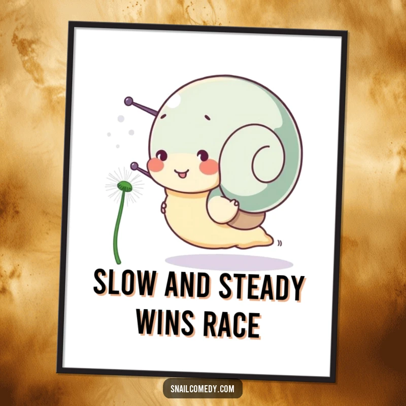 Funny Free Printable Wall Art: Snail character happily races a dandelion seed, capturing a moment of joyful, speedy adventure.