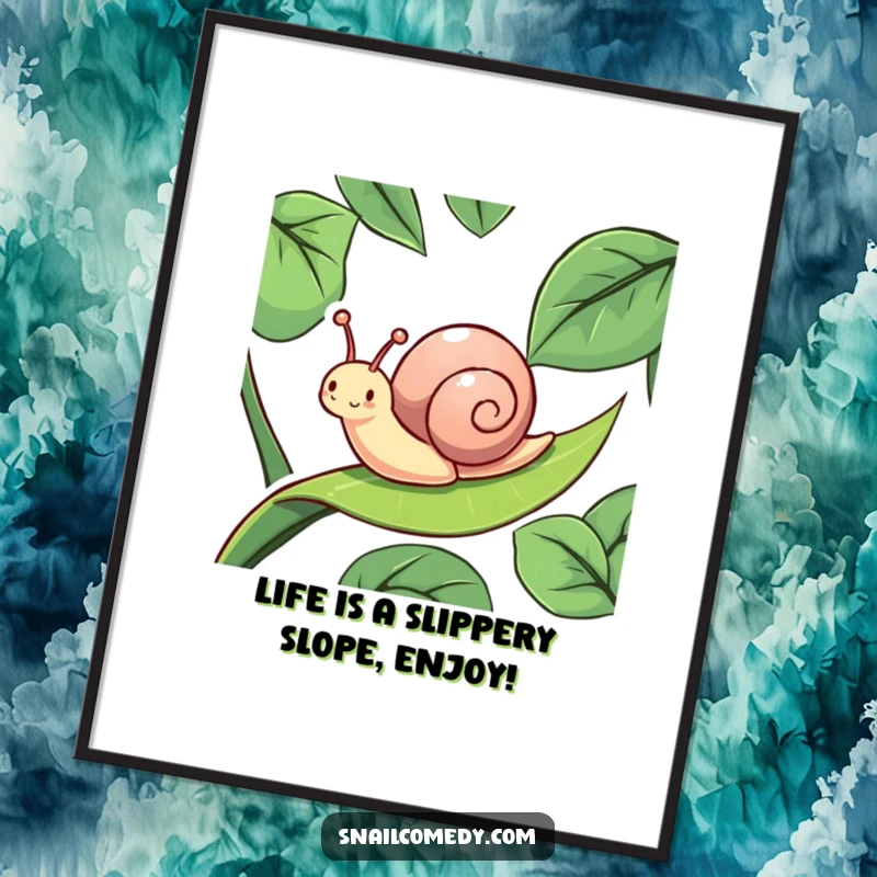 Funny Free Printable Wall Art: An energetic snail caught mid-slide down a glistening leaf, radiating pure, unadulterated glee.