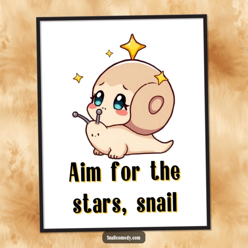 Funny Free Printable Wall Art: A cute snail is depicted gazing with wonder at a sky full of bright stars.