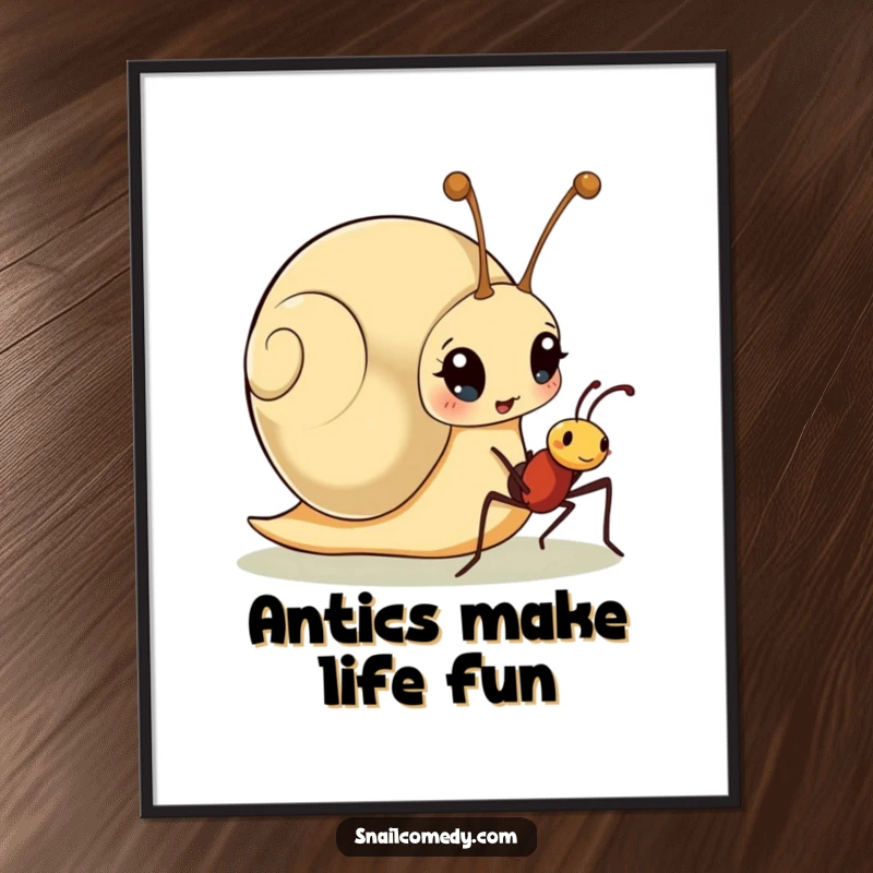 Funny Free Printable Wall Art: Snail looking comically surprised as a friendly ant waves hello, a scene of unexpected friendship.