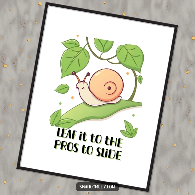 Funny Free Printable Wall Art: A kawaii snail gleefully sliding down a lush, green leafy slope, embodying pure, unadulterated joy.