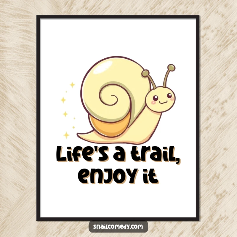 Funny Free Printable Wall Art: A gleeful snail slides with a happy attitude, leaving a vibrant sparkly trail on a clean background.