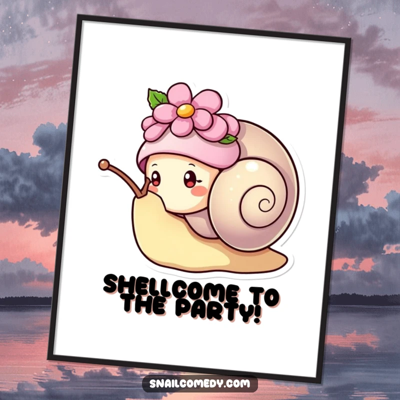 Funny Free Printable Wall Art: Kawaii snail with a flower hat peeking from its shell, cute and curious.