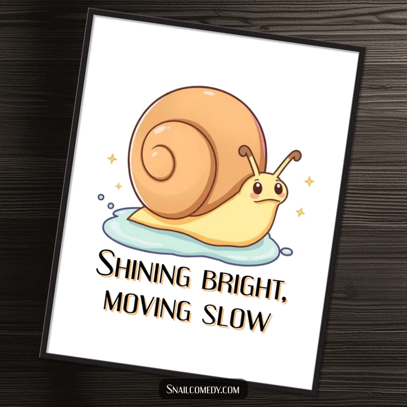 Funny Free Printable Wall Art: An excited snail zipping along at surprising speed, leaving a shimmering trail of sparkling slime behind.