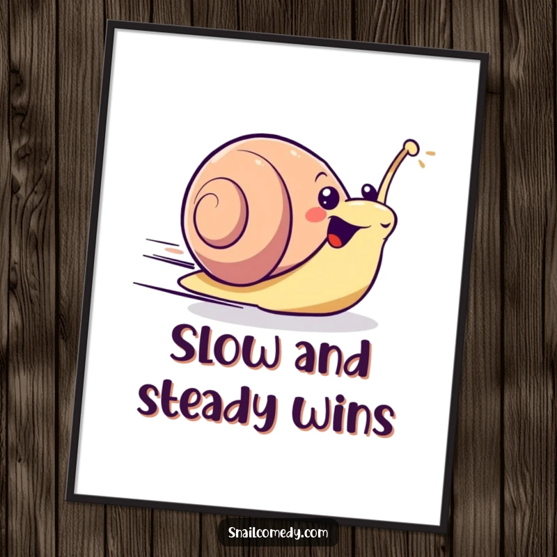 Excited Free Printable Wall Art of a kawaii snail zooming forward with surprising speed, creating a dynamic and humorous visual.
