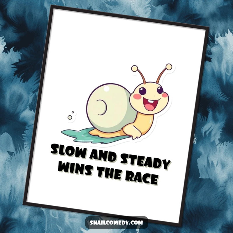 Funny Free Printable Wall Art of a smiling Kawaii snail zooming forward with surprising speed and a happy trail.