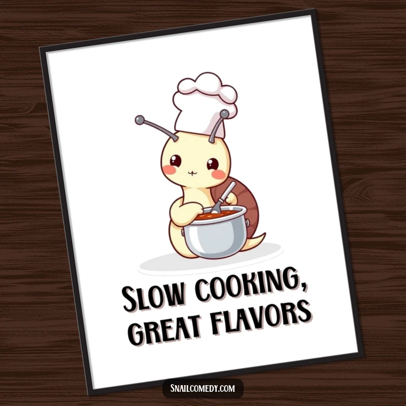 Funny Free Printable Wall Art: A snail wearing a chef hat diligently stirs a miniature pot of soup.