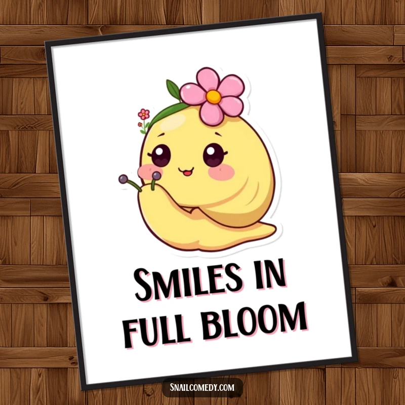 Cute Free Printable Wall Art of a happy kawaii snail wearing a tiny flower as a hat, adding a touch of sweet, floral charm.