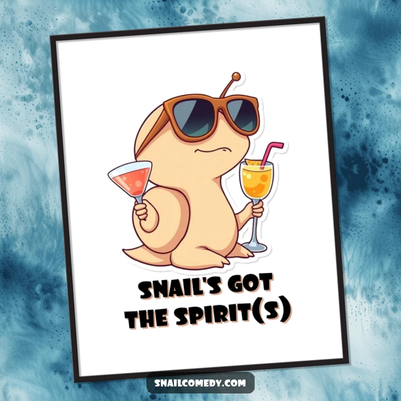 Funny Free Printable Wall Art: A surprised snail wearing oversized sunglasses relaxes with a cocktail, exuding cool and effortless party vibes.