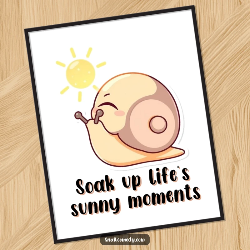 Funny Free Printable Wall Art: A content snail character soaking up a warm sunbeam with eyes closed, exuding peaceful relaxation.
