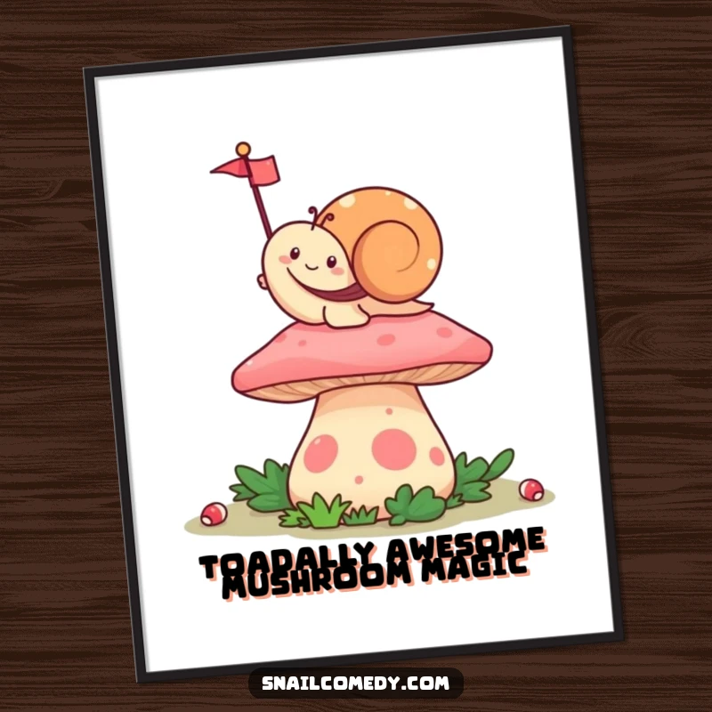 Funny Free Printable Wall Art of a happy Kawaii snail waving a tiny flag from atop a large, colorful mushroom.