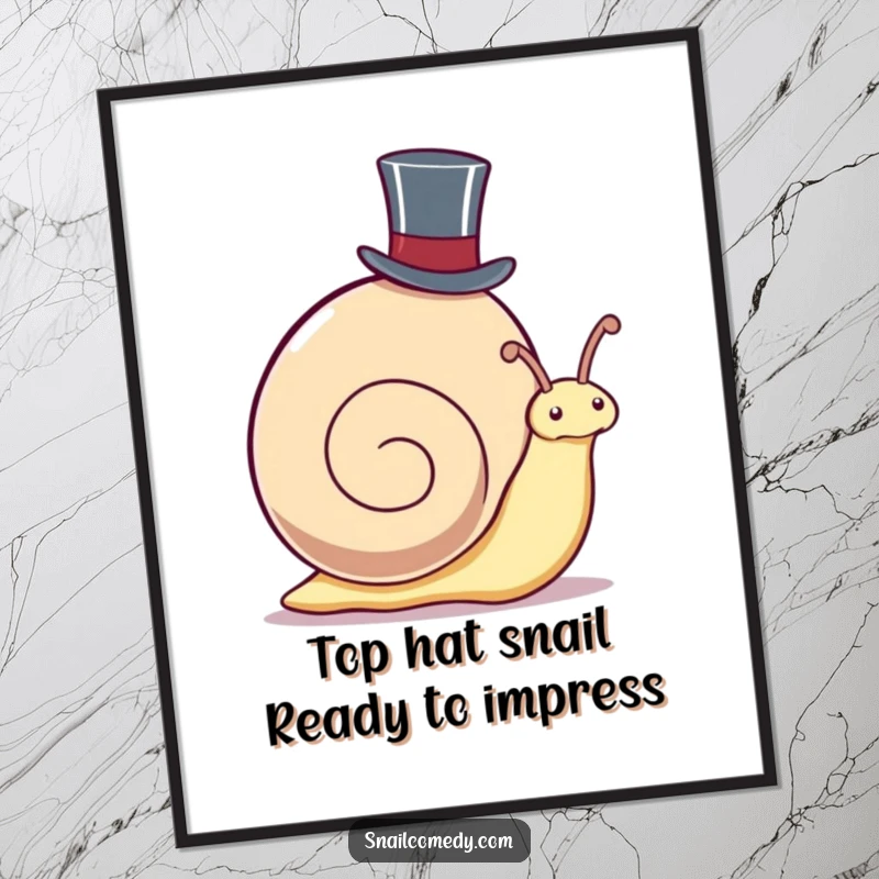 Funny Free Printable Wall Art: A kawaii snail wearing a top hat, peeking out from its shell, decor.