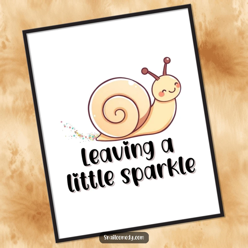 Cute Free Printable Wall Art of a kawaii snail leaving a shimmering glitter trail, adding a whimsical and sparkly touch to any room.
