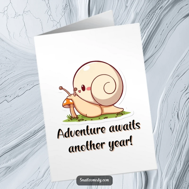 Funny Free Printable Birthday Card: Snail character enthusiastically exploring a tiny mushroom, a symbol of curious joy.