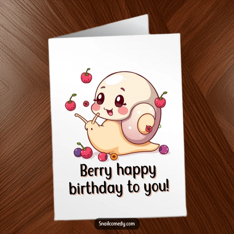 Funny Free Printable Birthday Card: A snail artistically juggles small berries using its eye stalks with great skill.