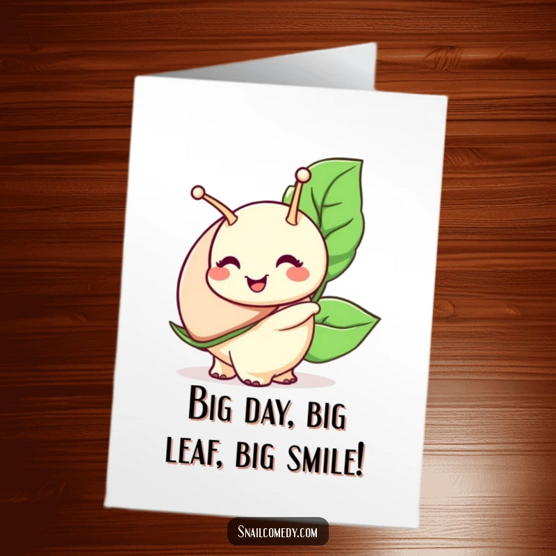 Funny Free Printable Birthday Card: Snail character with a wide smile carries a large leaf, a symbol of happy effort.