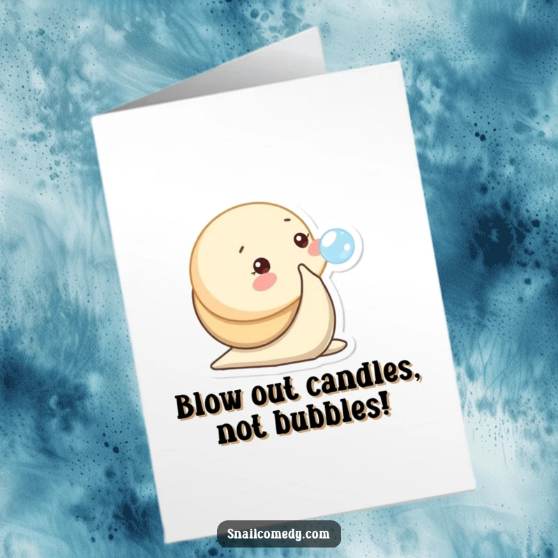 Funny Free Printable Baby Snail Birthday Card: Baby snail playfully blows a small bubble, wishing a happy birthday.