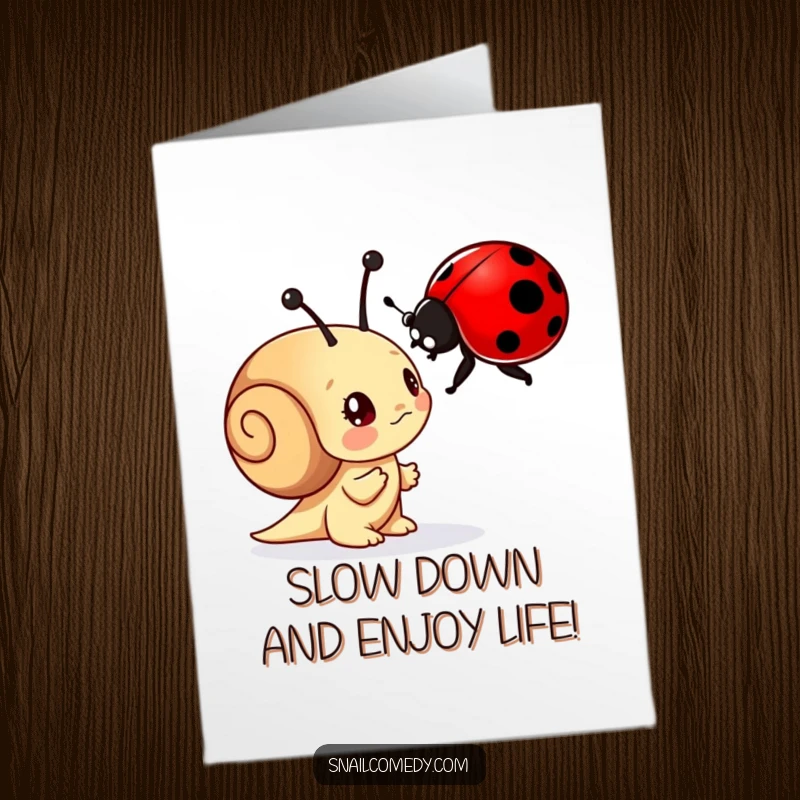 Funny Free Printable Birthday Card: A curious snail character intently examining a vibrant ladybug with wide-eyed wonder.