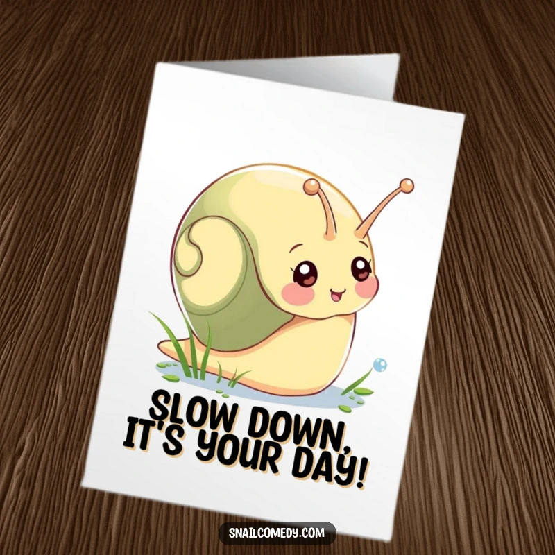 Funny Free Printable Birthday Card: Goofy snail stretching for morning dew, celebrating a slow and steady birthday wish.