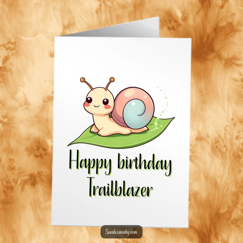 Funny Free Printable Birthday Card: A smiling snail leaving a sparkly trail on a leaf, a perfect gift.