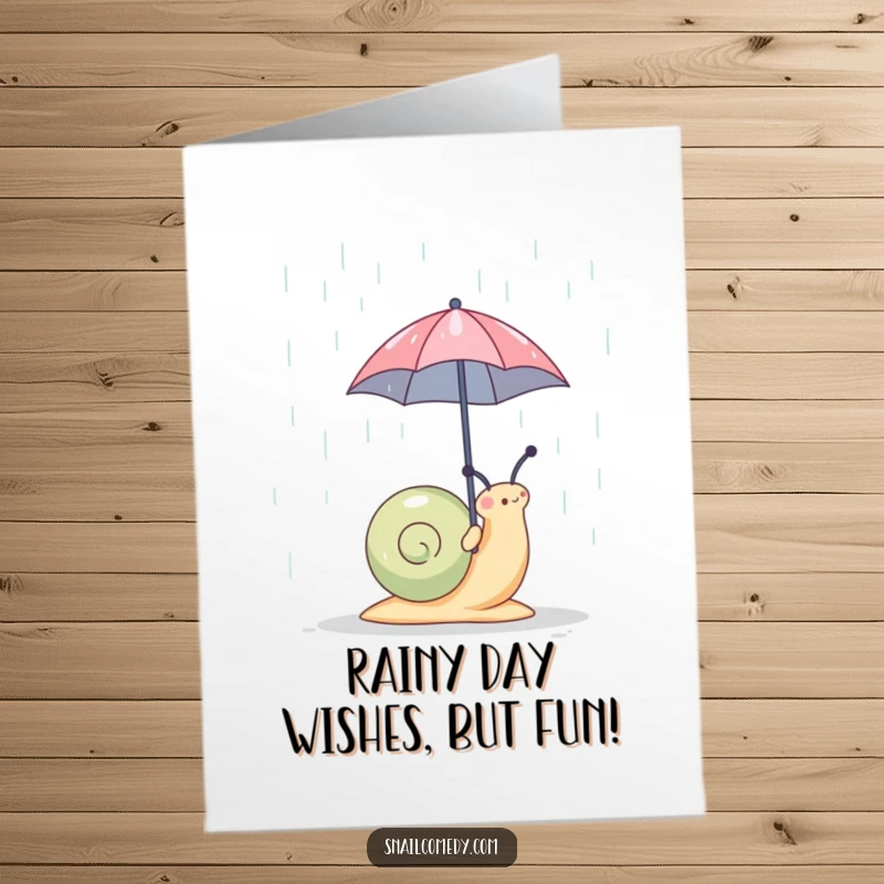 Funny Free Printable Birthday Card: Snail with tiny umbrella braving rain, seeking celebration.