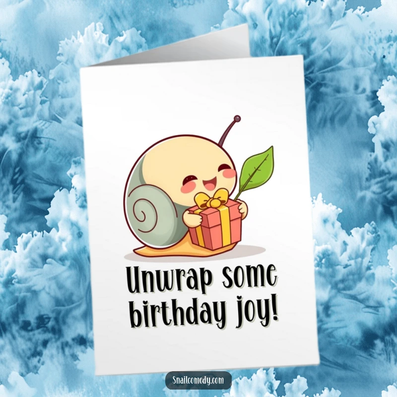 Funny Free Printable Birthday Card: Snail excitedly unwrapping a tiny leaf present, full of birthday joy.