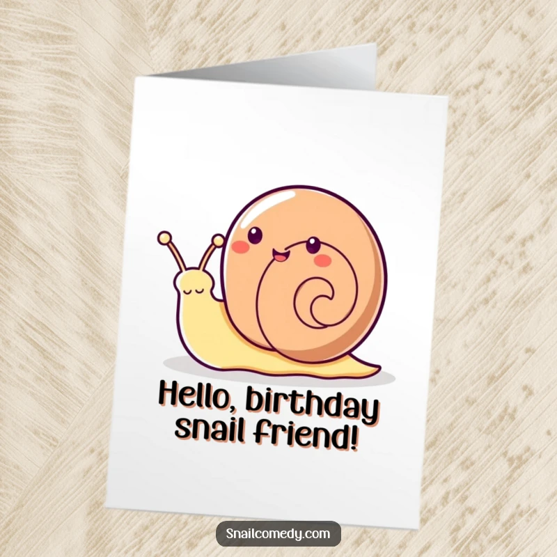 Funny Free Printable Birthday Card: Kawaii snail enthusiastically waving hello from its antennae, sending birthday wishes.