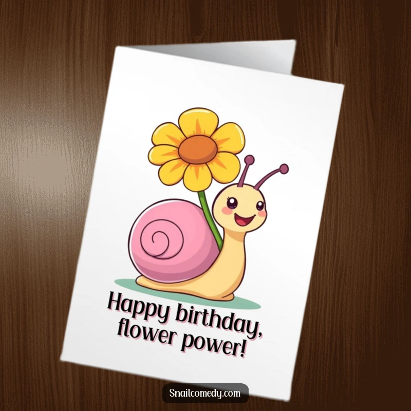 Funny Free Printable Joyful Snail Birthday Card: Snail happily carrying a huge flower on its shell for a birthday.