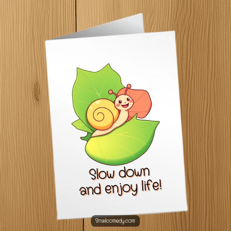 Funny Free Printable Birthday Card: A happy snail joyfully riding on a giant, colorful leaf, with a content smile.