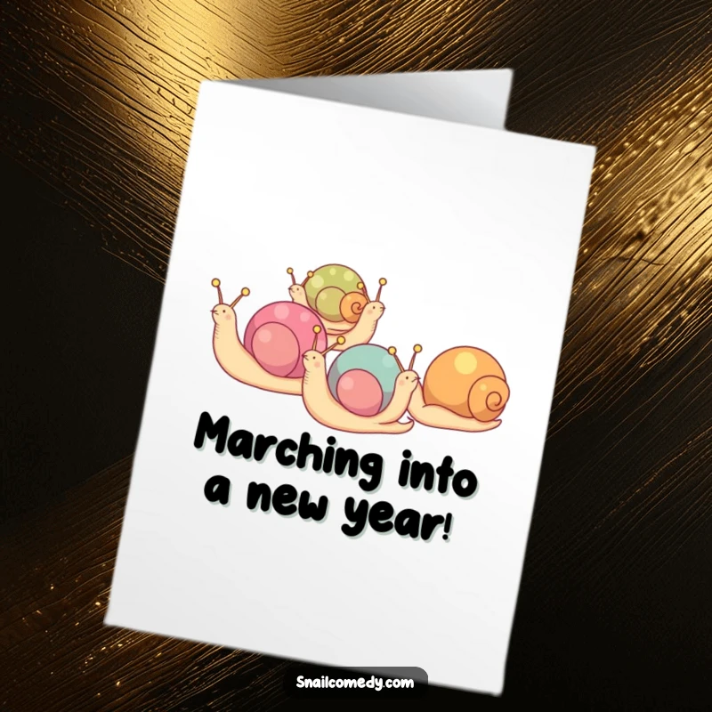 Funny Free Printable Birthday Card: Colorful snails march in a neat line, radiating quirky birthday cheer, downloadable art.