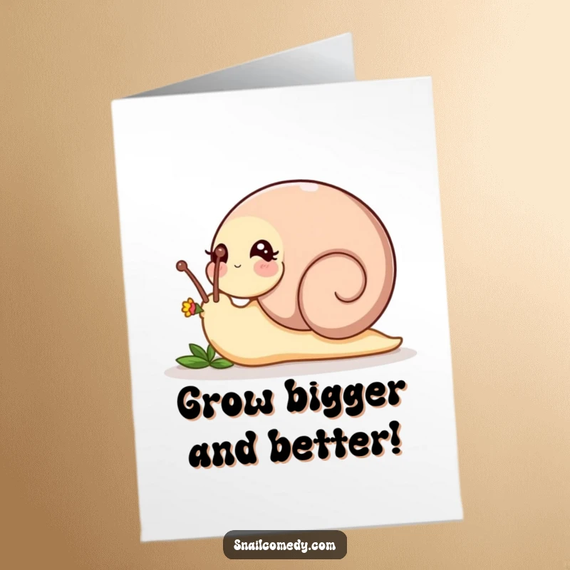 Funny Free Printable Birthday Card: A playful snail gently nudging a small flower bud with its head.
