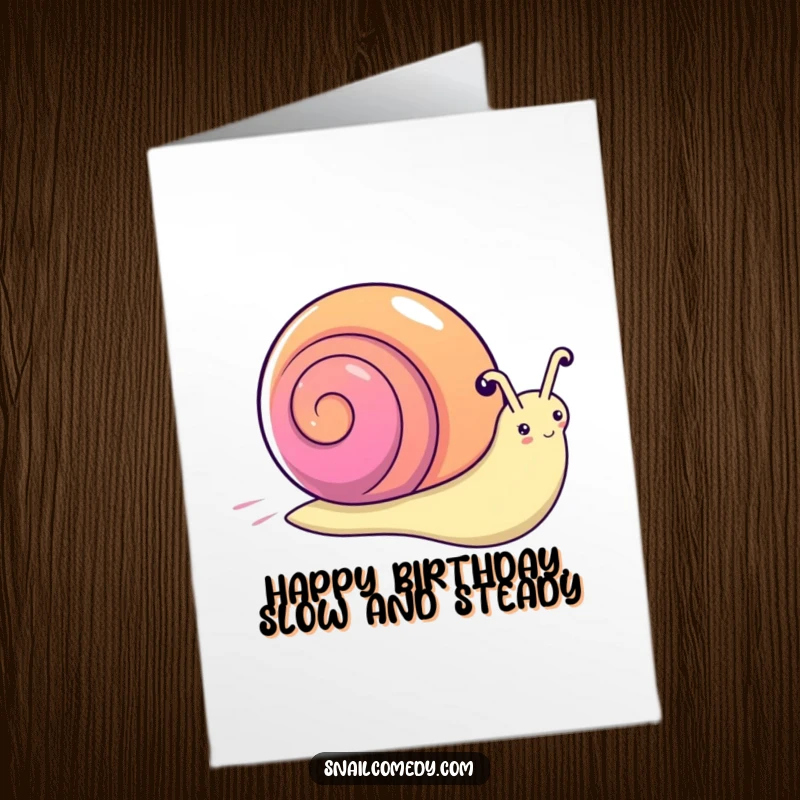 Funny Free Printable Birthday Card of a kawaii snail with a vibrant rainbow shell zooming across the screen with speed lines.
