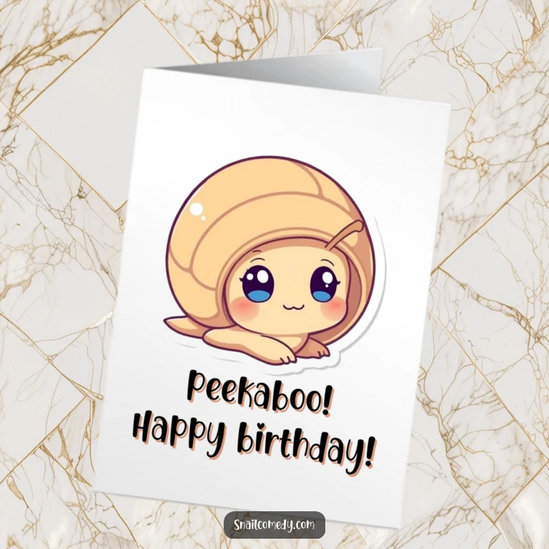 Funny Free Printable Birthday Card with a curious Kawaii snail peeking from its shell with wide, wide eyes.