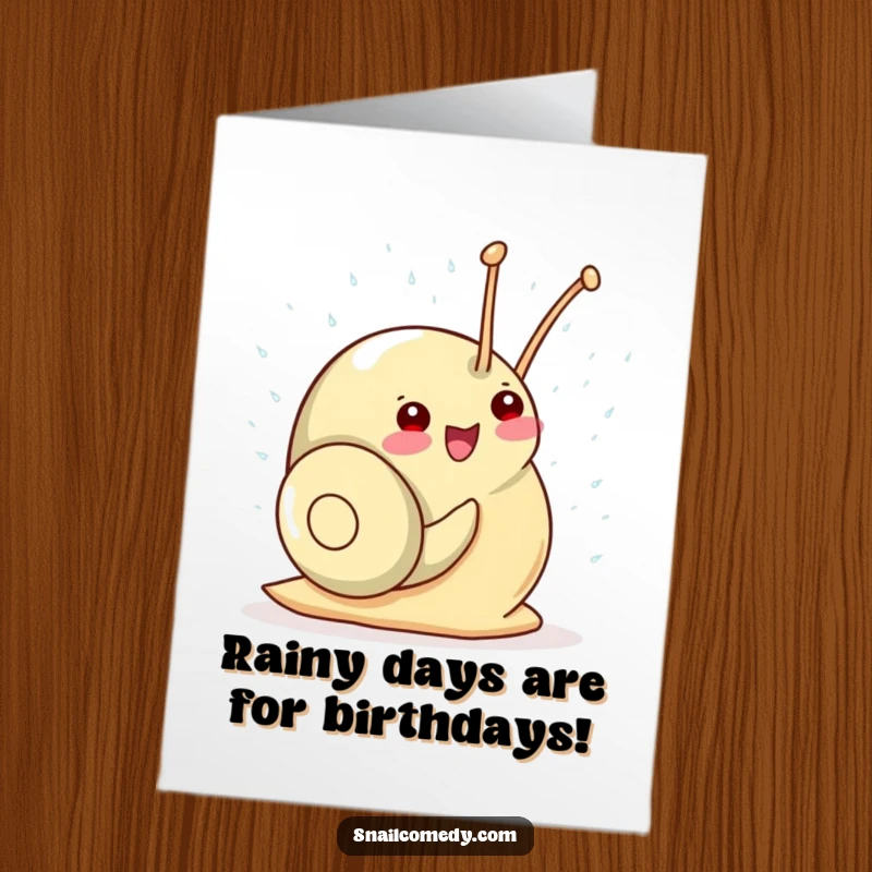 Funny Free Printable Birthday Card: Kawaii snail gleefully showering itself with tiny sparkling raindrops, spreading birthday cheer.