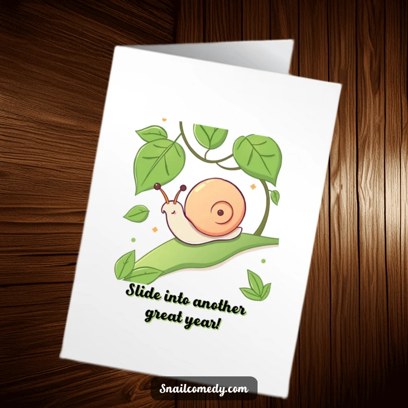 Funny Free Printable Birthday Card: A kawaii snail joyfully sliding down a green, leafy slope with a look of pure glee.