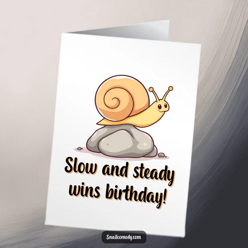 Funny Free Printable Birthday Card: Kawaii snail leaping over a pebble with energetic, surprising agility, ready to celebrate.