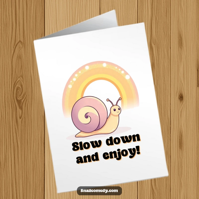 Funny Free Printable Birthday Card: happy snail admiring a huge shimmering rainbow, a whimsical DIY gift.