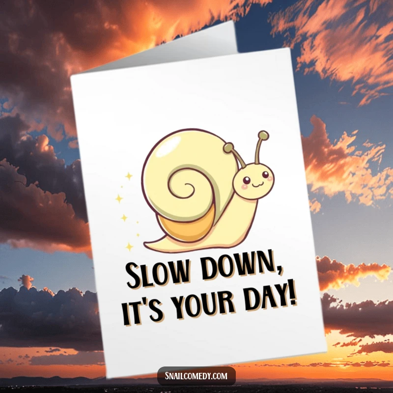 Funny Free Printable Birthday Card: A gleeful snail slides, leaving a bright sparkly trail, spreading birthday cheer with a smile.
