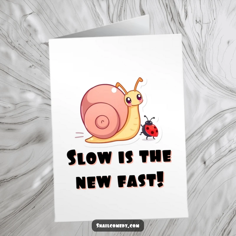 Funny Free Printable Birthday Card: A snail triumphantly zooms past a ladybug in a comical race, downloadable art.