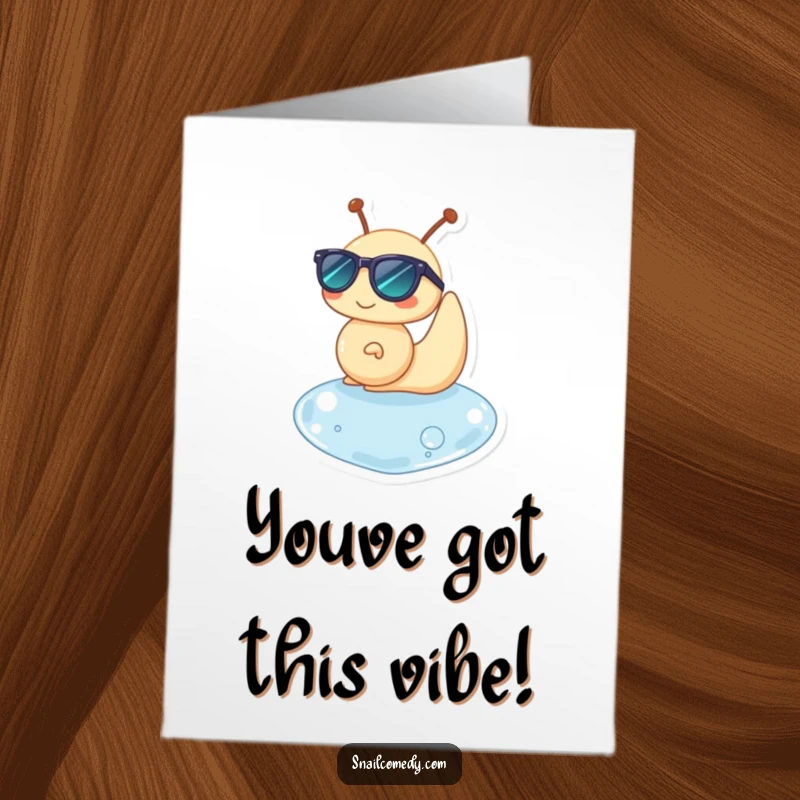 Funny Free Printable Congratulations Card: A snail in sunglasses chills on a water drop, representing a smooth victory, downloadable art.