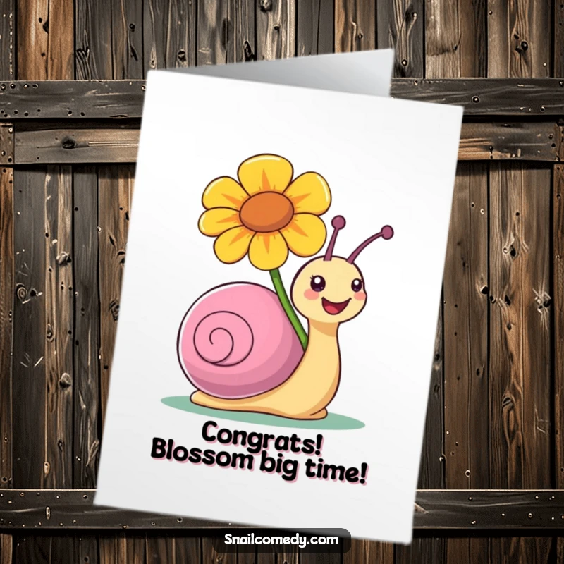 Funny Free Printable Joyful Snail Congratulations Card: Snail joyfully carries a colorful flower, celebrating success humorously.