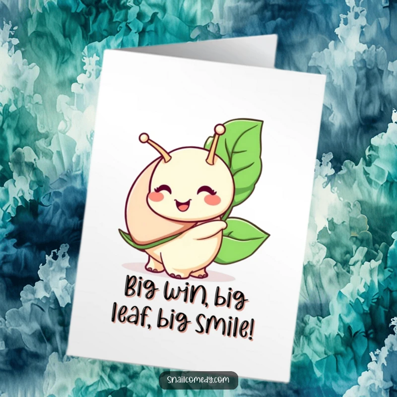 Funny Free Printable Congrats Card: Snail character with a wide smile carries a large leaf, celebrating accomplishment with joy.