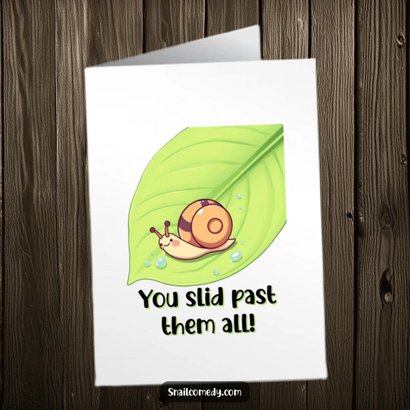 Funny Free Printable Congrats Card: A cheerful kawaii snail joyfully sliding down a leaf, embodying smooth sailing and success.