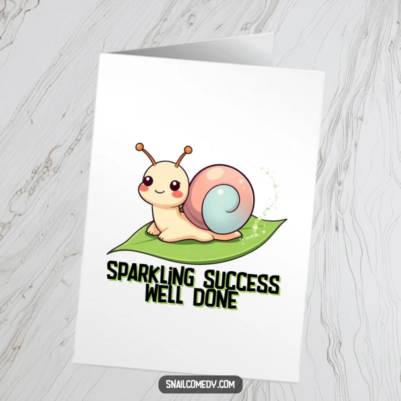 Funny Free Printable Congrats Card: A smiling snail leaving a sparkly trail on a leaf, perfect for congrats.