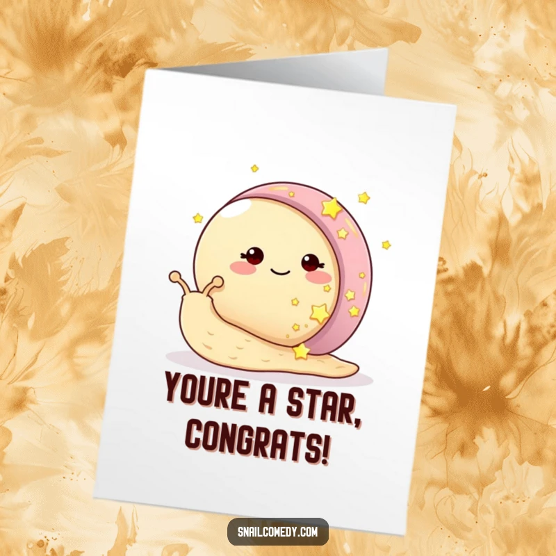 Funny Free Printable Congrats Card: A smiling snail lovingly places glowing stars on its shell, celebrating success.