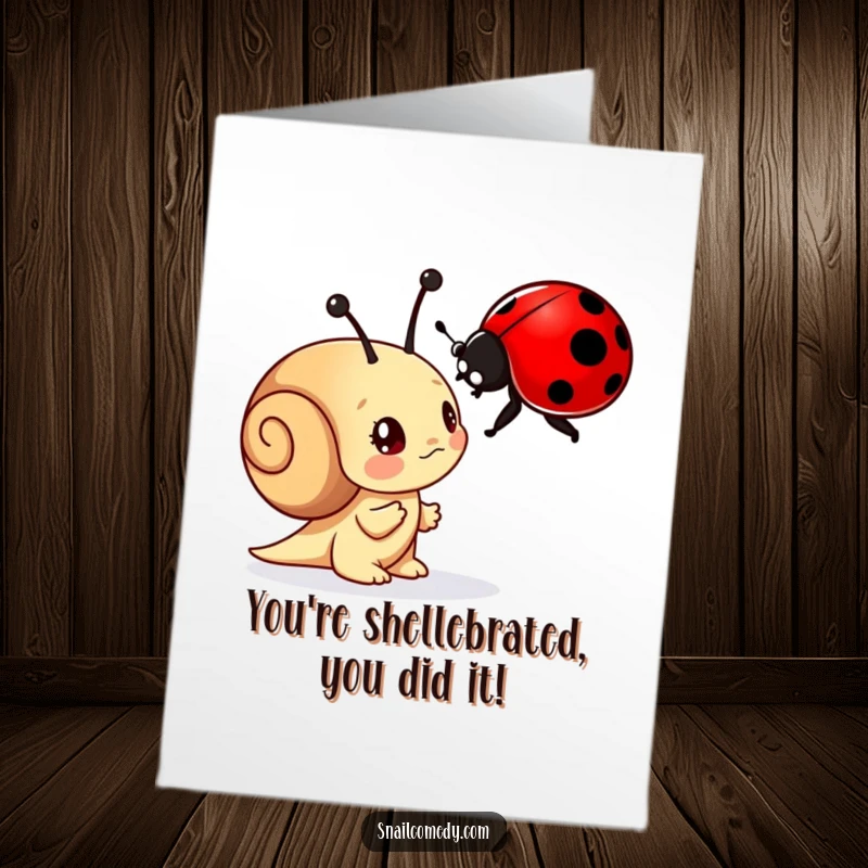 Funny Free Printable Congratulations Card: Curious snail character marveling at a vibrant ladybug, symbolizing discovery and new beginnings.
