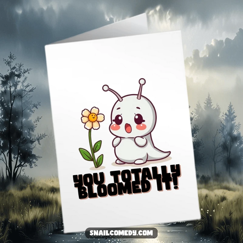 Funny Free Printable Congrats Card: Snail's wide-eyed surprise meets a flower's cheerful giggle. A unique downloadable celebration.