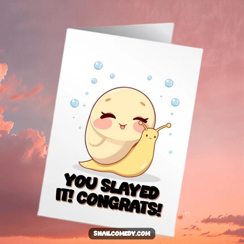 Funny Free Printable Congratulations Card: A winking snail expertly juggles shiny dewdrops, celebrating an achievement with playful charm.