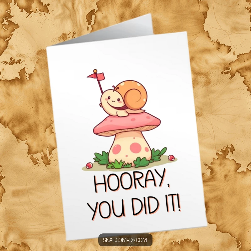 Funny Free Printable Congratulations Card with a happy Kawaii snail waving a flag from atop a mushroom, celebrating success.