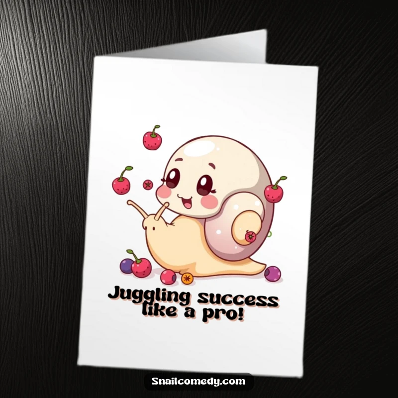 Funny Free Printable Congratulations Card: A snail juggles berries with its eye stalks, celebrating an achievement with flair.